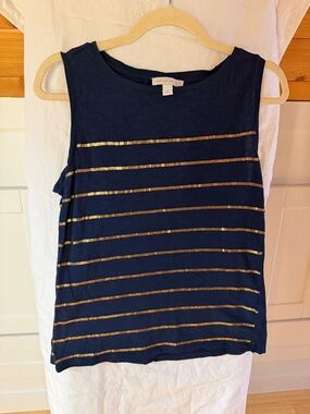 Westport Navy Tank with Gold Sequin Stripes Sleeveless Top